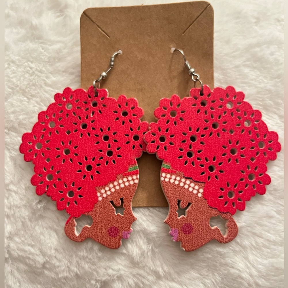 “Wooden” Red Natural Hair Afro Earrings